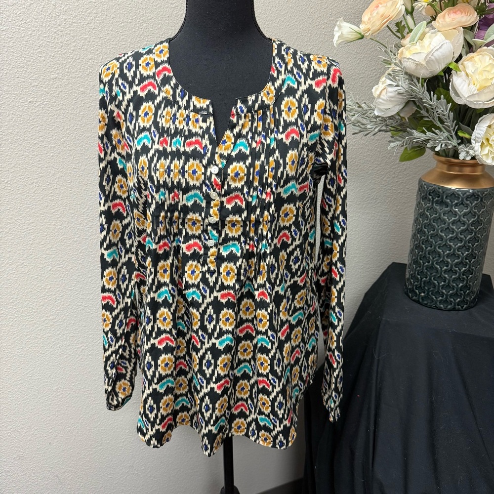 Pink Cattlelac Boho Ikat Print Button Front Peplum Tunic Top M